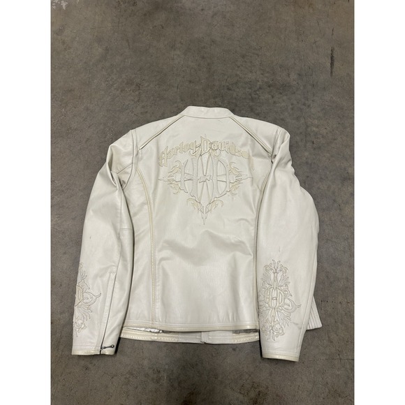 Cream Beige Harley Davidson 2000s Leather Jacket 2w Embroidered - Picture 5 of 6